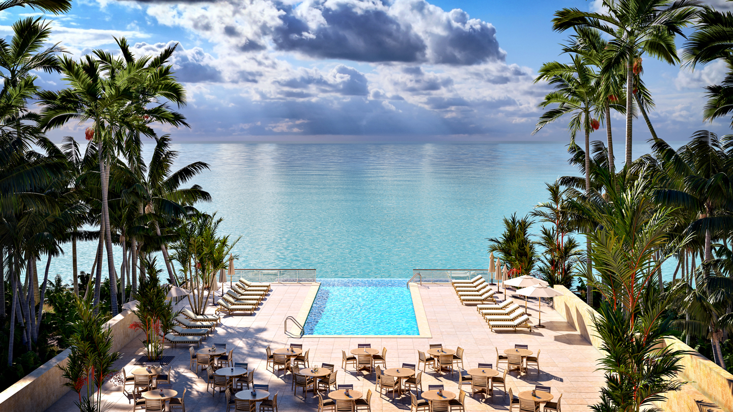 Luxury hotel pool deck with tropical sea views. Photoreal Architectural Visualisation 3D Render Luxury hotel pool deck with tropical sea views. Photoreal Architectural Visualisation 3D Render