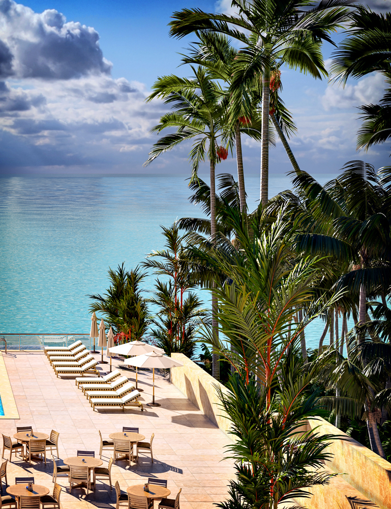 Luxury hotel pool deck with tropical sea views. Photoreal Architectural Visualisation 3D Render Luxury hotel pool deck with tropical sea views. Photoreal Architectural Visualisation 3D Render