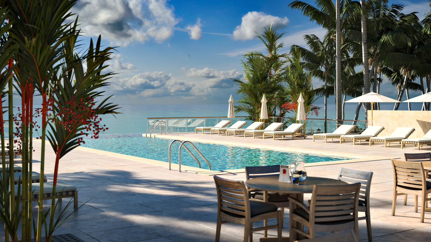 Luxury hotel pool deck with tropical sea views. Photoreal Architectural Visualisation 3D Render Luxury hotel pool deck with tropical sea views. Photoreal Architectural Visualisation 3D Render