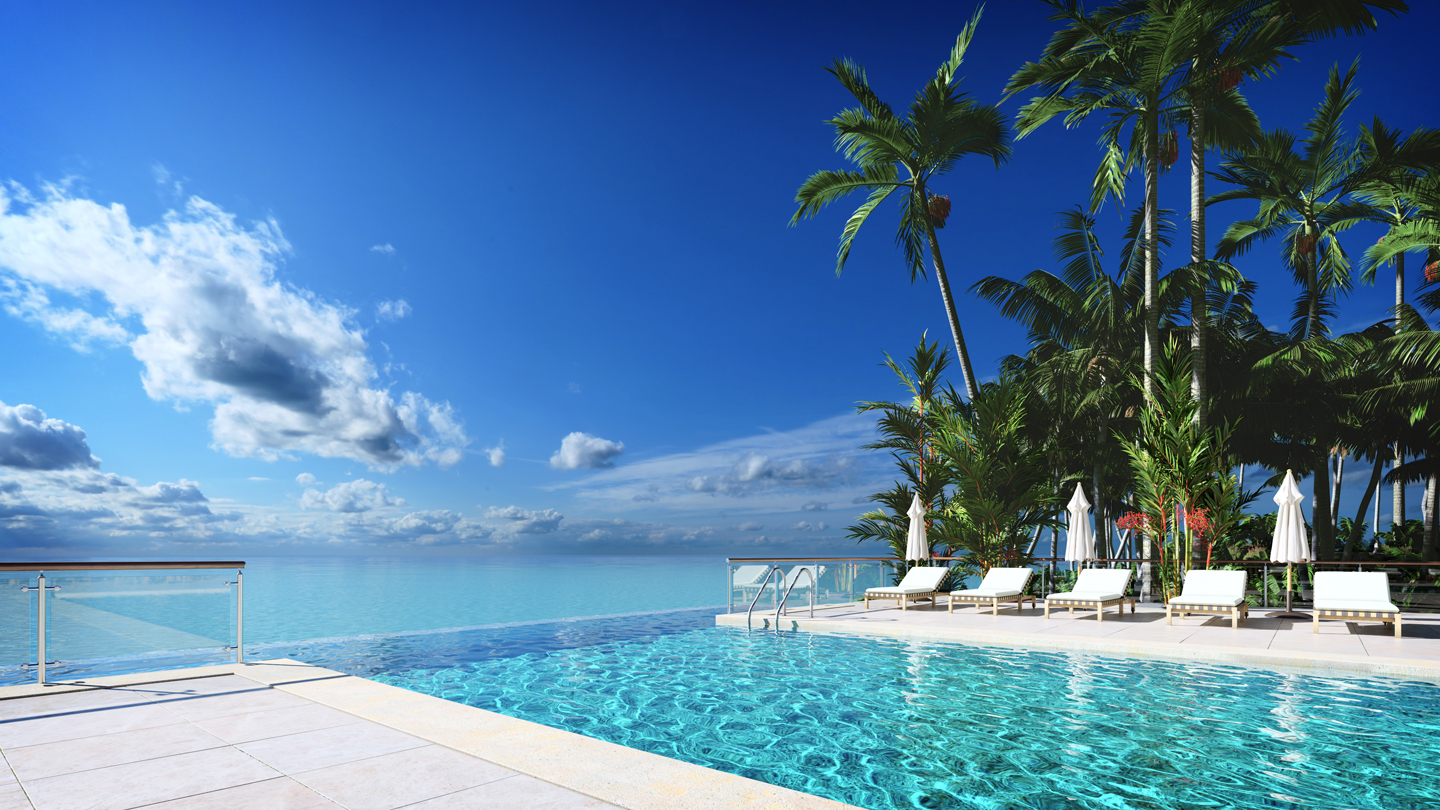 Luxury hotel pool deck with tropical sea views. Photoreal Architectural Visualisation 3D Render Luxury hotel pool deck with tropical sea views. Photoreal Architectural Visualisation 3D Render