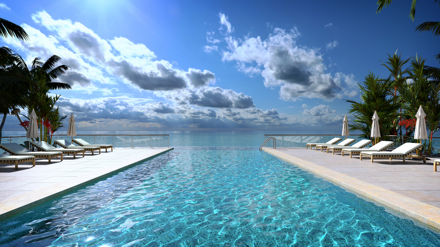 Luxury hotel pool deck with tropical sea views. Photoreal Luxury hotel pool deck with tropical sea views. Photoreal