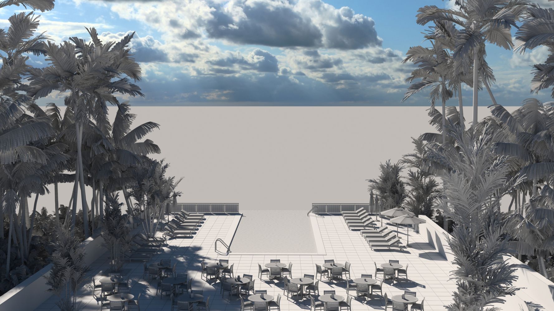 Luxury hotel pool deck with tropical sea views. Photoreal Architectural Visualisation 3D Render Luxury hotel pool deck with tropical sea views. Photoreal Architectural Visualisation 3D Render